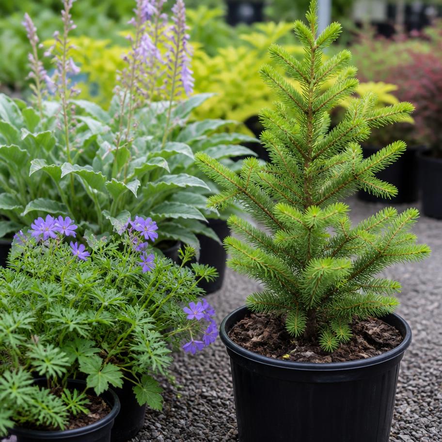 Potted perennials and a young spruce sapling on gravel at the nursery