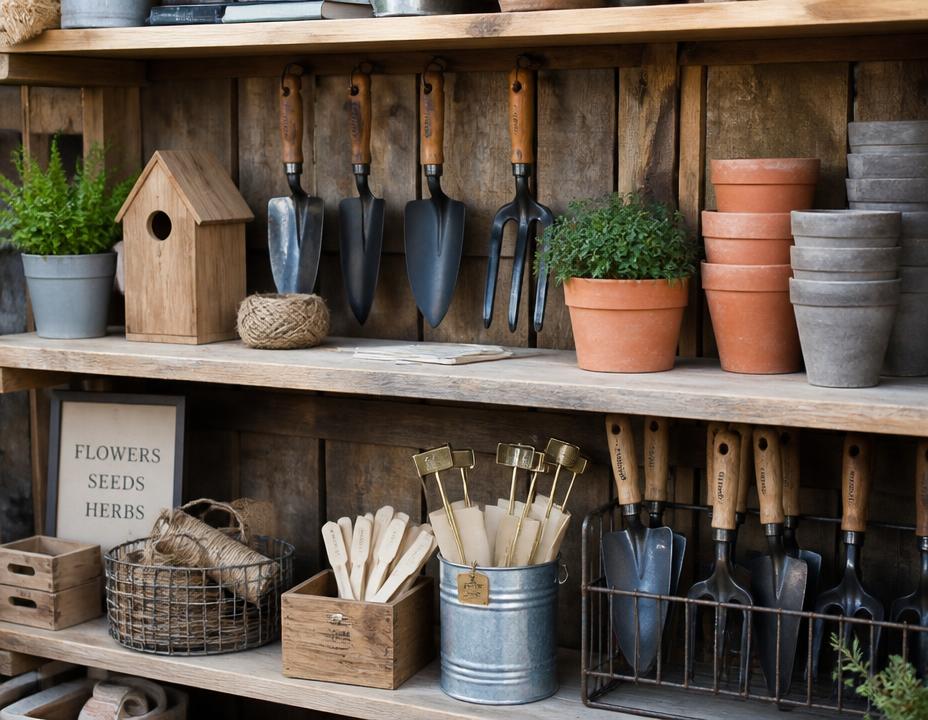 Garden tools and garden décor on wooden shelving