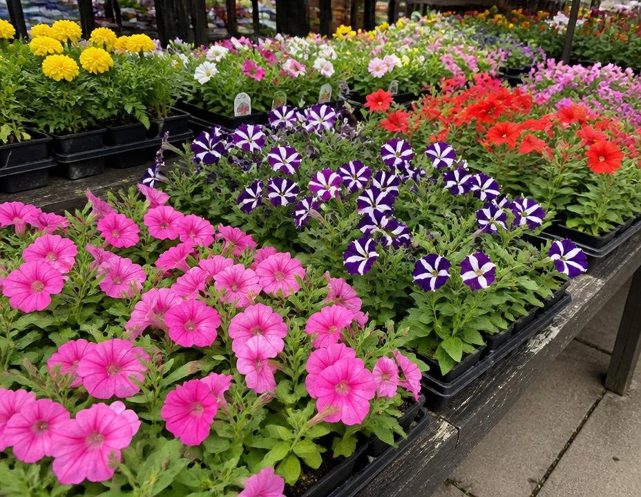 Trays of seasonal annual bedding flowers at a garden center
