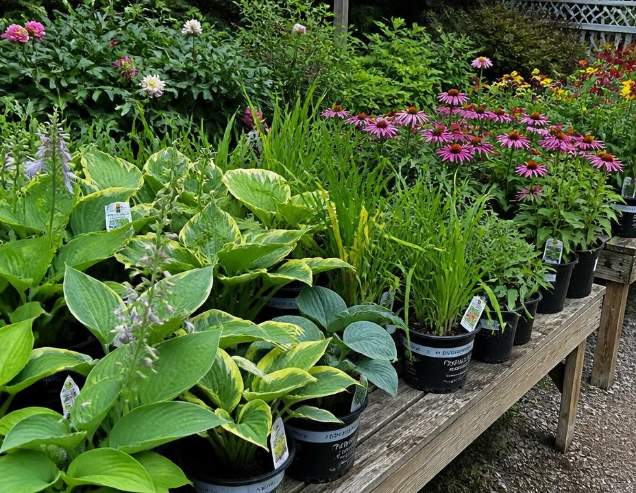 Perennials in nursery pots including hostas, daylilies and coneflowers