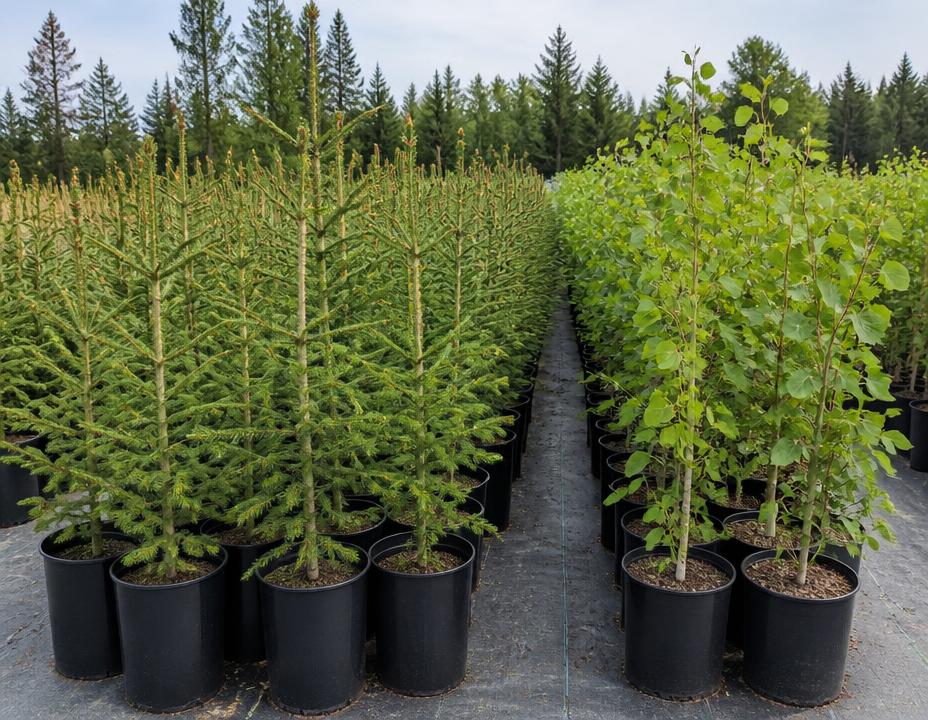 Rows of potted spruce and aspen trees at a Canadian nursery